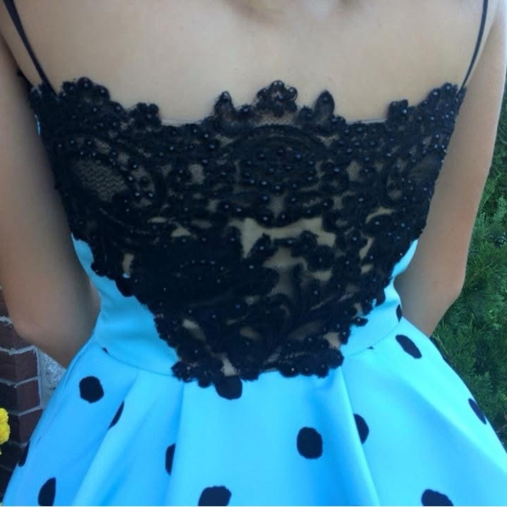 Sherri Hill Black and Blue Polka Dot Formal Dress - Picture 7 of 9